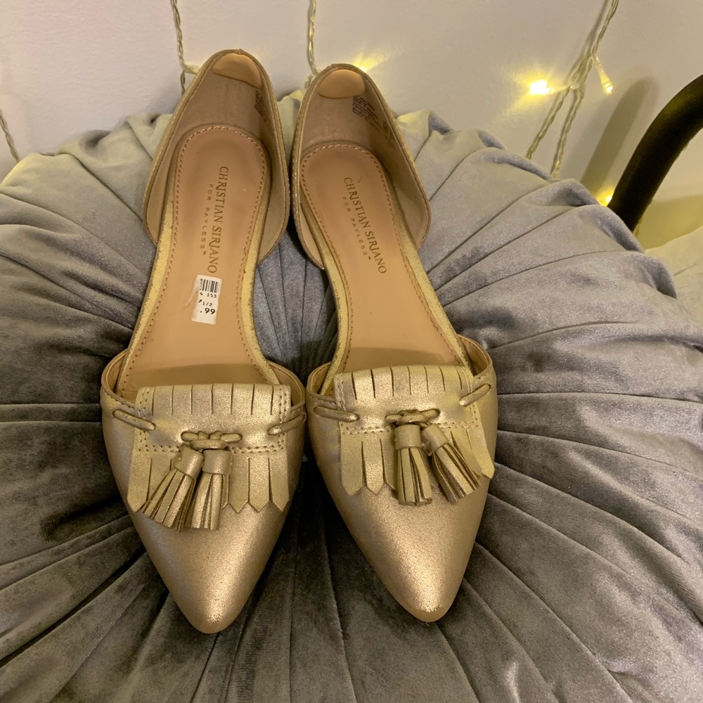 Gold Pointed Toe Tassel Fringe Flats